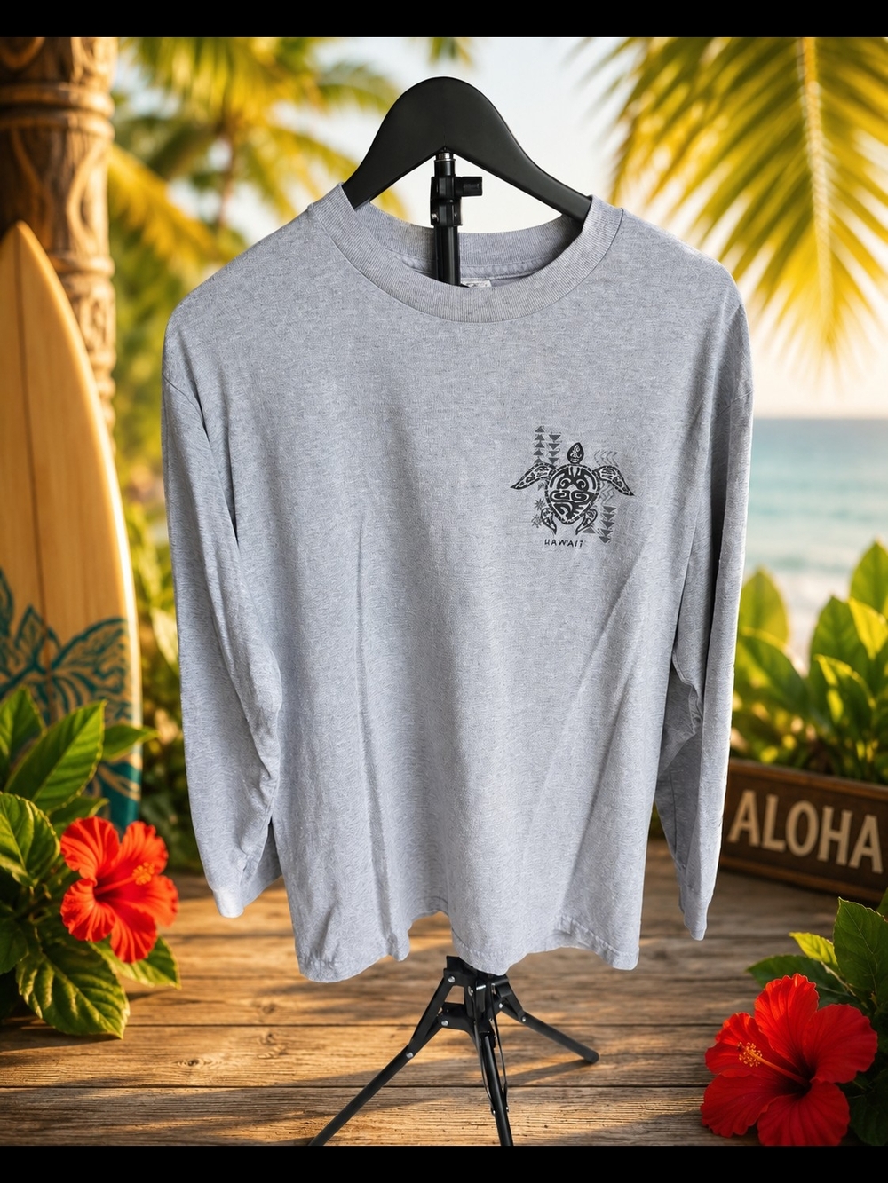Active USA Heather Gray Long-Sleeve Tee with Turtle Graphic